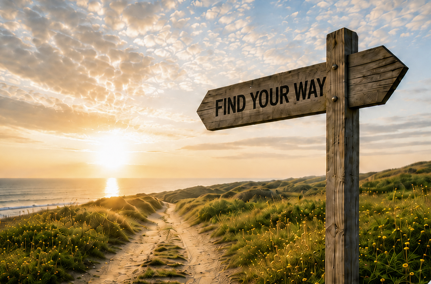 A signpost pointing towards the light with the words Find Your Way