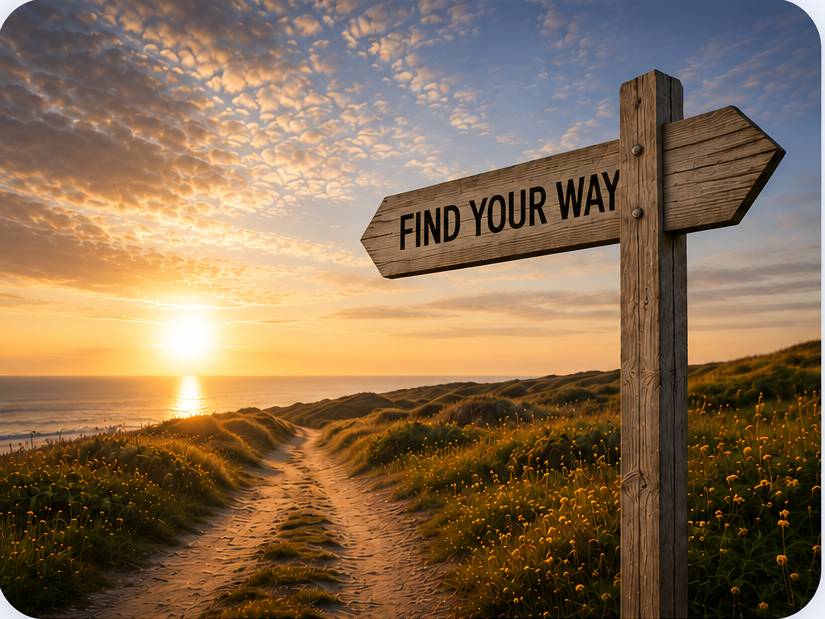 A signpost pointing towards the light with the words Find Your Way